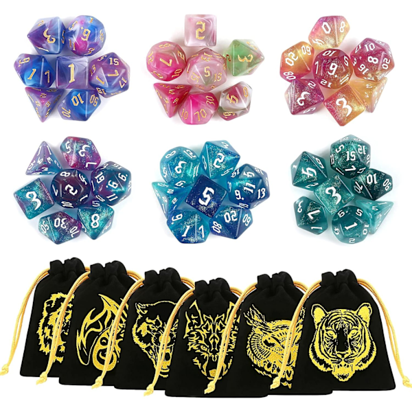 Monitahokas RPG-noppasarja 42 kpl Dungeons and Dragons -peliin, 6 kuviota, 6-sivuiset nopat noppapeleihin ja roolipeleihin, mukana 6 flanellipussia -C-C-C-C