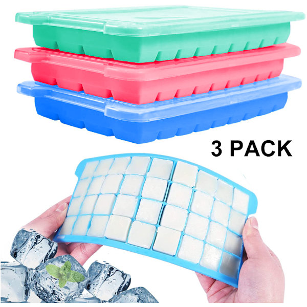 Isterningebakker med låg, 3-pak (Pink+blå+grøn) Silikone isterningebakker Fleksible og nemme at frigøre 36 isterningeforme BPA-fri