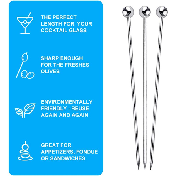 15 stk. Cocktailpinner, Oppgraderte Martini-pinner i rustfritt stål, Gjenbrukbare Cocktailspyd i metall, 11 cm Cocktail Tannpirkere for Martinis Oliven