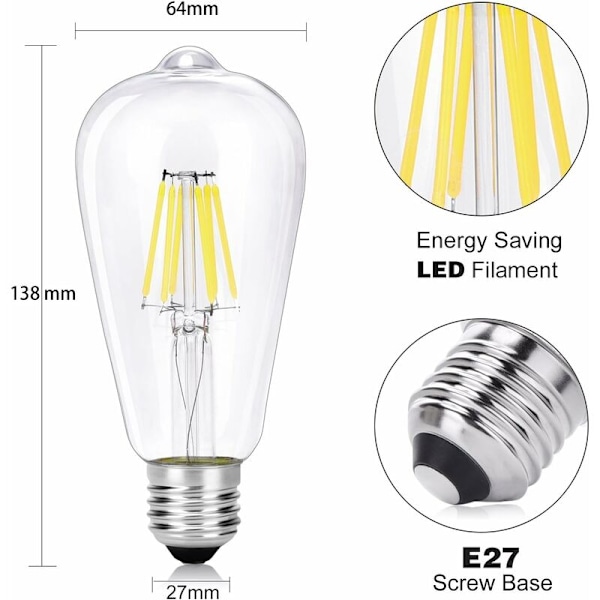 E14 LED Pære 6W ST64 LED Pære, E27 Vintage Edison LED Filament Lampe, Erstatter 60W Glødepære, 6000K Køligt Hvidt, 600 LM, Ikke-dæmpbar, Ideel til