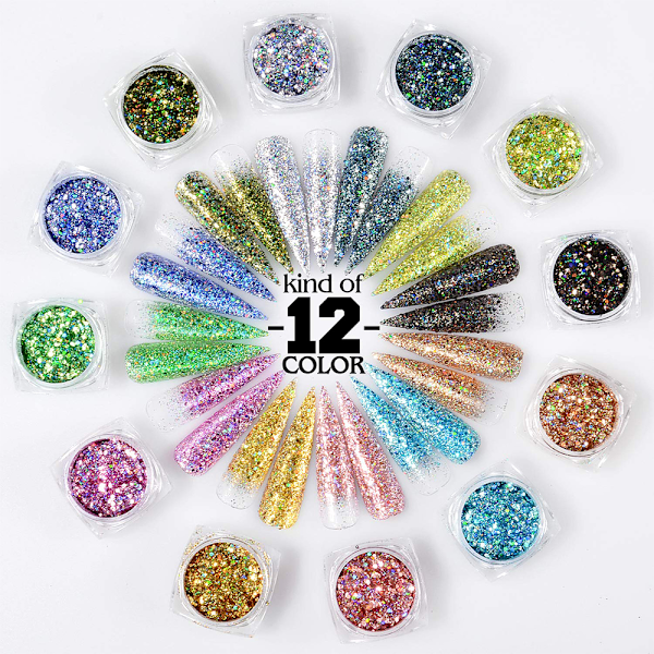 12 st glitterpulver, glitterdamm, kruka av högsta kvalitet, hantverk, nagelkonst, färg, fint regnbåge för alla naglar, ansikte för shellac-gelnaglar, akryl och vanliga