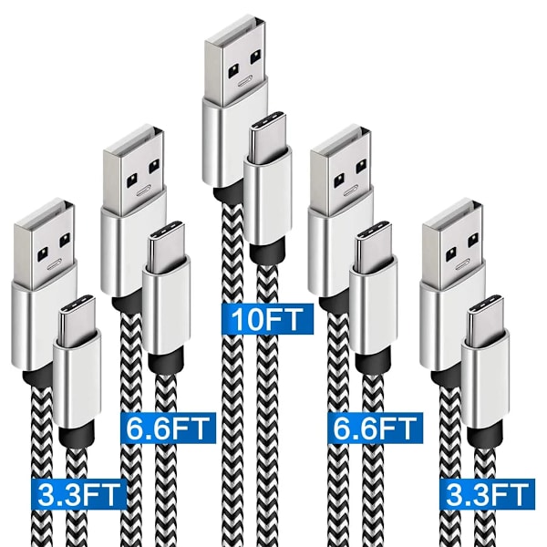 USB C Kabel Hurtig Opladning 3A 5-pakke (1/2/3 m) Nylon Flettet USB Type C Kabel Hurtig Opladningsledning.