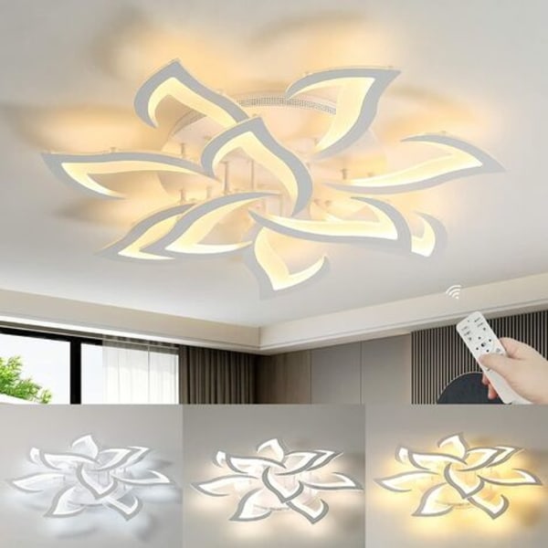 Dæmpbar LED loftlampe, hvid moderne loftlampe med fjernbetjening, 70W kreativ akrylblad-lysekrone belysningsarmatur loftlampe til