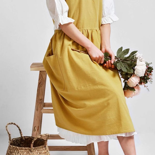 Bomullslinne korsryggförkläde för kvinnor med fickor för matlagning rengöring gul utan midjeband