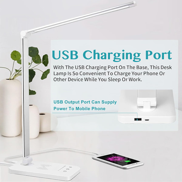 LED Skrivebordslampe med Trådløs Lader, Dimbar Skrivebordslampe med 10 Lysstyrkenivåer og 5 Fargemoduser, Nattbordslampe med USB-port og