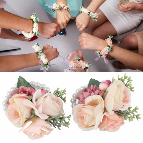 2 stk./pose Brudepike Håndleddsblomst Kunstig Håndblomst for Bryllupsdag Cocktailparty Rosa