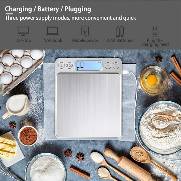 Digital køkkenvægt med USB-opladning, digital vægt 0,1g / 3kg, elektronisk finvægt, PSC / tarafunktion / LCD-display, 6 enheders konvertering,
