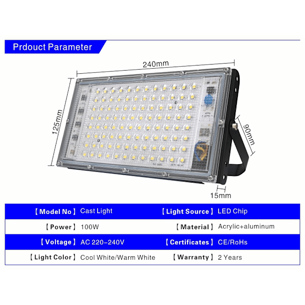 100W LED-valonheitin ulkokäyttöön, IP65 vedenpitävä LED-katuvalo (Valon väri: kylmä valkoinen)