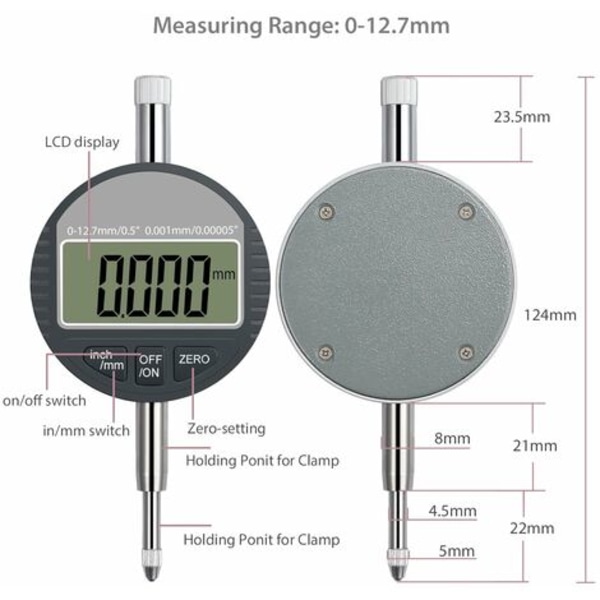 LED Digitaalinen Mikrometri 0,001 mm / 0,00005'' Digitaalinen Indikaattori Tarkkuusmittari 0-12,7 mm / 1'' Elektroninen Komparaattori / Digitaalinen Anturi-indikaattori, Yksi