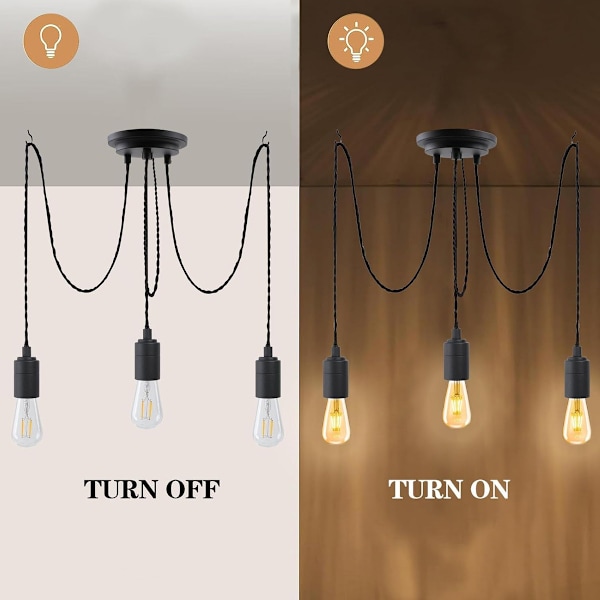 Spider Pendel Lysekrone E27 Sokkel Retro Industriell Svart Lampeskjerm, DIY Justerbar Lengde (Uten pære) - 1.5m Ledning, 3 armer