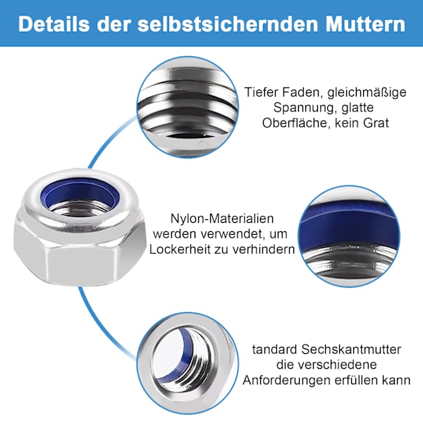 Sekskantmuttere M8, DIN 985 Sekskantmuttere A2-70 Rustfritt Stål Selvlåsende Muttere Stoppmuttere Låsemuttere for Bolter, Skruer (M8, Pakke med 20)