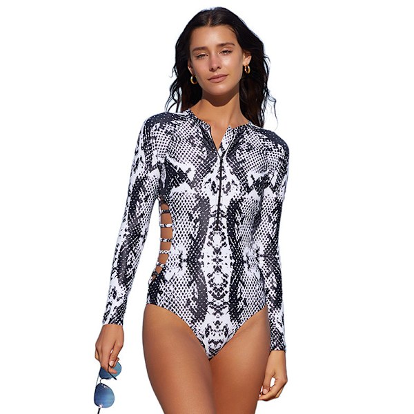 Dam långärmad rashguard UV-skydd dragkedja tryckt surfing en del baddräkt baddräkt