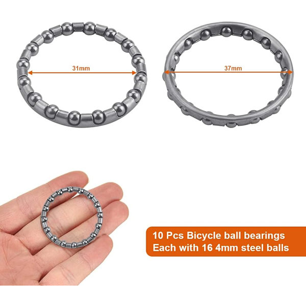 10 stk. kuglelejekrans i metal 37 mm rustfri kuglelejekrans MTB-styreleje slidstærk med 4 mm stålkugler til