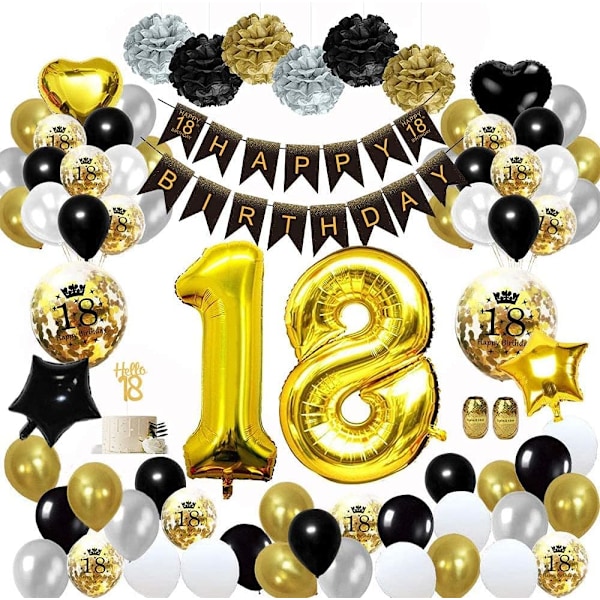 18 Års Fødselsdagsdekorationer i Sort Guld, 18 Balloner Bannere med Tillykke med 18 års Fødselsdag, Papir Pomponer, Balloner i
