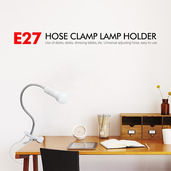 LED Bordlampe Base, E27 Klemme Pære Sokkel med Bryter, Bordlampe Klips Base med 40cm 360 Graders Svanehals for Tatovering/Lesing/Sminke (EU Plugg)