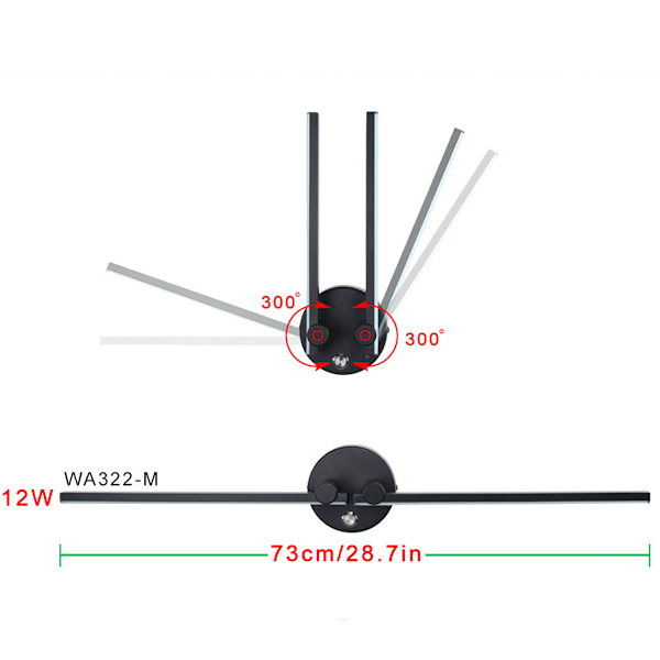 Baderomsvegglampe med bryter 2 pærer 12W LED for baderomsspeil 73cm Dobbel LED-lys Justerbar arm 300° (Svart 3000K)