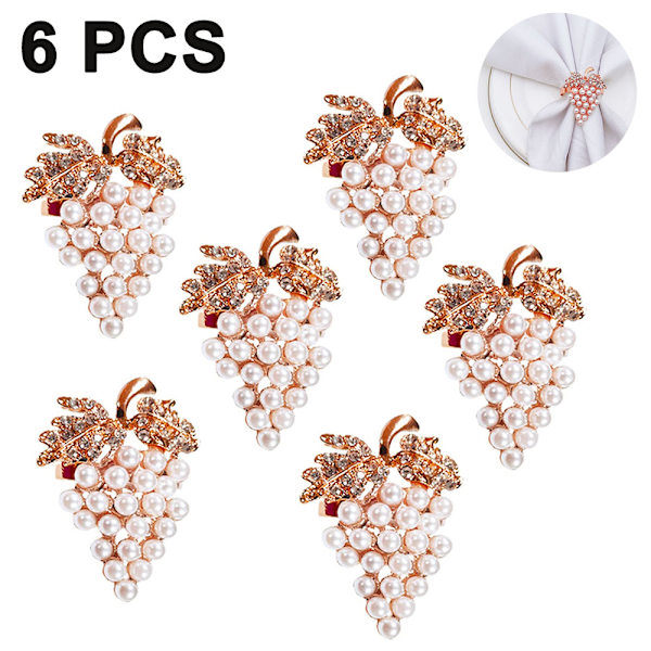 Set med 6 diamanter pärla druva servetring metall servett spänne för jul, helgdagar, bröllop, halloween fest, middagar dekor