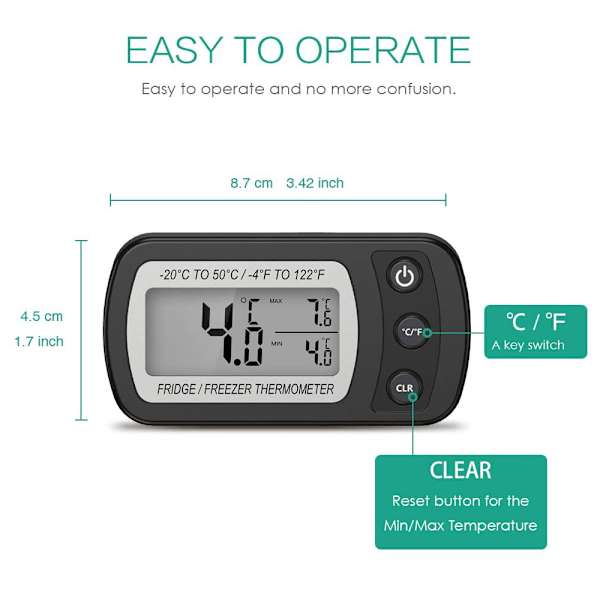 Vattentät kylskåpstermometer, digital frysrumstermometer, max/min-registreringsfunktion stor LCD-skärm och magnetisk baksida för kök,