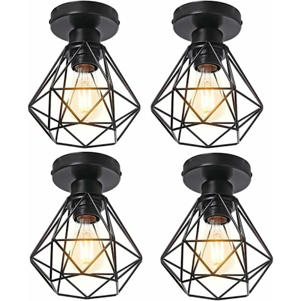 4x Loftlampe industriel belysning vintage retro design diamantbur i smedejern, E27 metalloftlampe til køkken stue soveværelse (Sort)