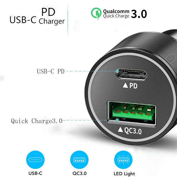 Musta USB-autolaturi, Total Dual Type C PD -autolaturi Power Delivery & Quick Charge 3.0 iPhone 11/11 Pro/11 Pro MAX/XS/XR/X/8:lle, iPadille