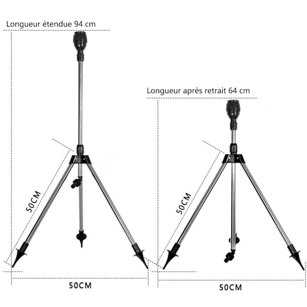360° Roterende Stativ Havevander med Dyse, Maksimal Justerbar Højde 94cm, Velegnet til Store Områder, Gårde, Haver, Sort