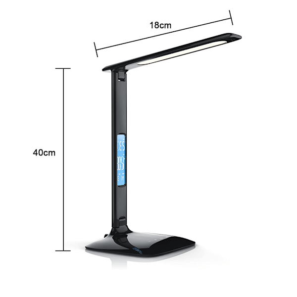 LED Skrivebordslampe med Trådløs Oplader, USB Opladningsport, Justerbar Foldbar Bordlampe med Ur, Alarm, Dato, Temperatur, 5-Niveaus Dæmpbar