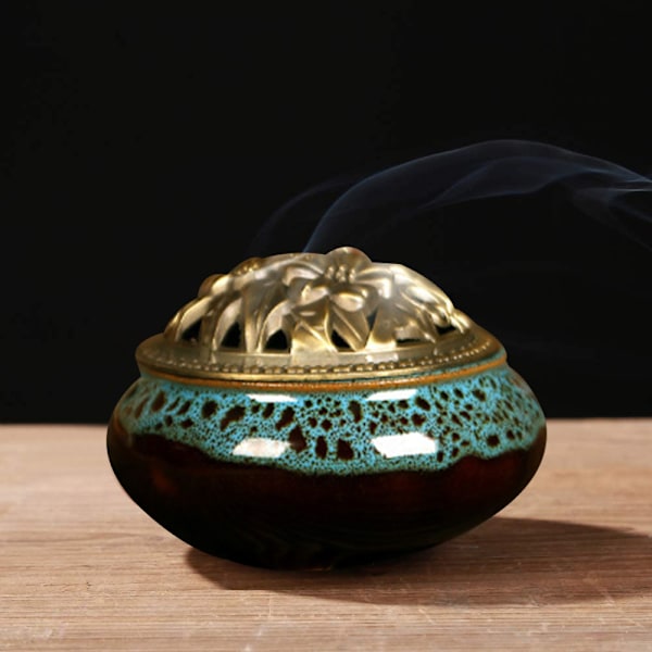 Keramisk røgelsesbrænder, kobberlåg, Buddha, antik legeringstråd, sandeltræsrøgelse, røgelse, røgelse, isknækket ovnskifte