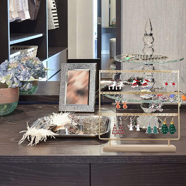Örhänge Stativ Trä Enkelt Örhänge Hållare 3-Tier Örhänge Hållare Dekorativa Smycken Hållare Display Rack Smycken Stativ Display med Träbricka/Fat