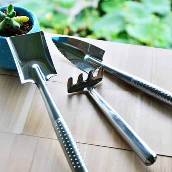 Rostfritt stål 3 st set Mini trädgårdsväxtkruka verktyg Liten handhållen spade spade kratta för suckulenta kaktus örter inomhus miniatyrväxter