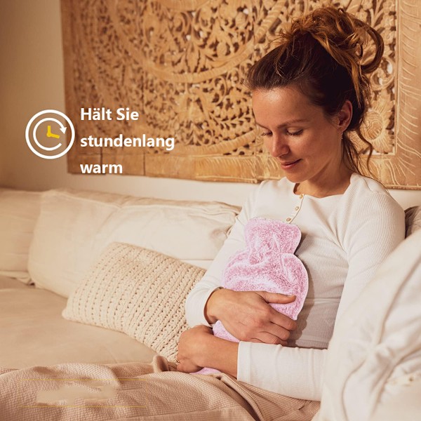 Varmvattenflaska med överdrag - mjukt, fluffigt premiumöverdrag - 1,8 liters varmvattenflaska för vuxna för mysiga nätter, smärtlindring, rygg, mage,