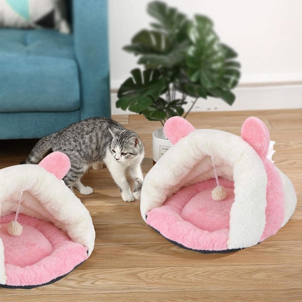 Kæledyrrede Pink Hvid Plys Sød Kaninform Kæledyr Vinter Varm Halvlukket Sovepose Trekant Rede Hus til Katte 38 x 45 x 25 cm / 14,96 x 17,72 x