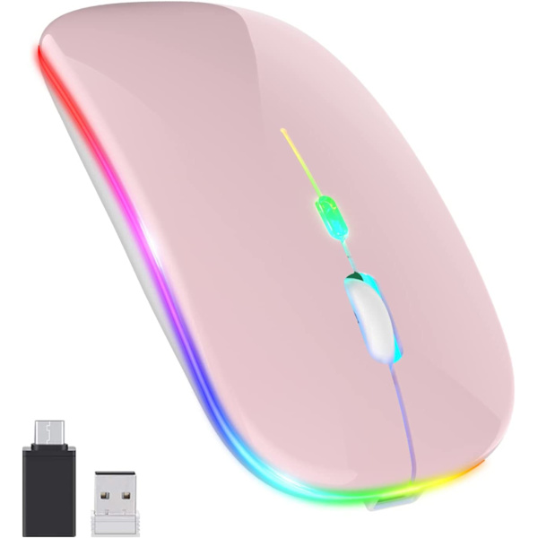 Uppdatering PC-mus trådlös, LED återuppladdningsbar tyst trådlös mus bärbar datormus, 2,4 G USB-möss med USB-mottagare typ C-kompatibilitet med