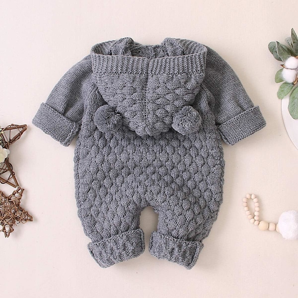 Nyfödd bebis pojke flicka björn öra stickad sparkdräkt jumpsuit huvtröja outfit set (6-12 månader)