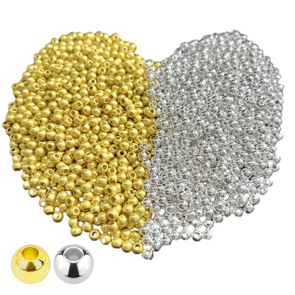 1200 st 2 färger runda släta distanspärlor, 4 mm kopparpläterade guld- och silverpärlor med hål, runda släta lösa kulor, sy pärlor små