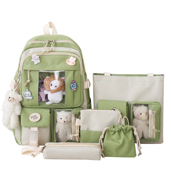 Ryggsäck med söta hängen, 5-delad Kawaii skolryggsäck set flickor, student skolväska vacker ryggsäck, stor Harajuku canvas skola