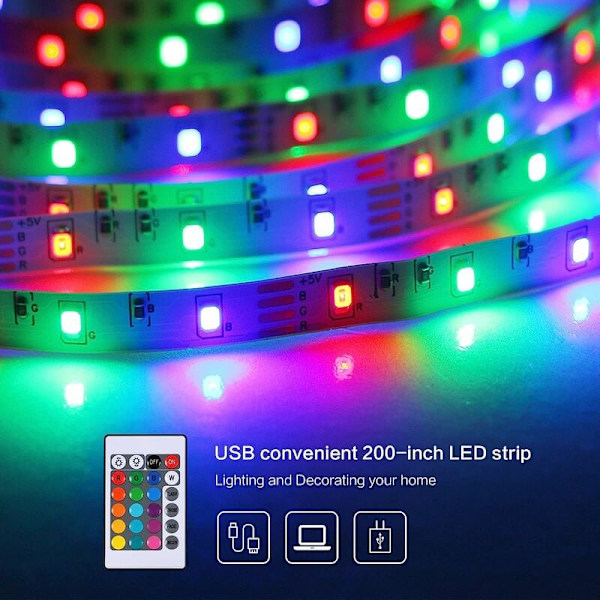 5M LED-remsa, flexibel ljusstark RGB-rums-LED, flerfärgad LED-ljusremsa med fjärrkontroll för sovrum, kök, TV, fest