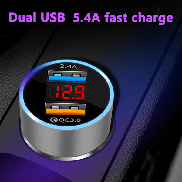 Biloplader Quick Charge 3.0 - Dobbelt USB 5.4A/30W Hurtig Biloplader Adapter - QC 3.0 3A + Smart IC 2.4A Sølv