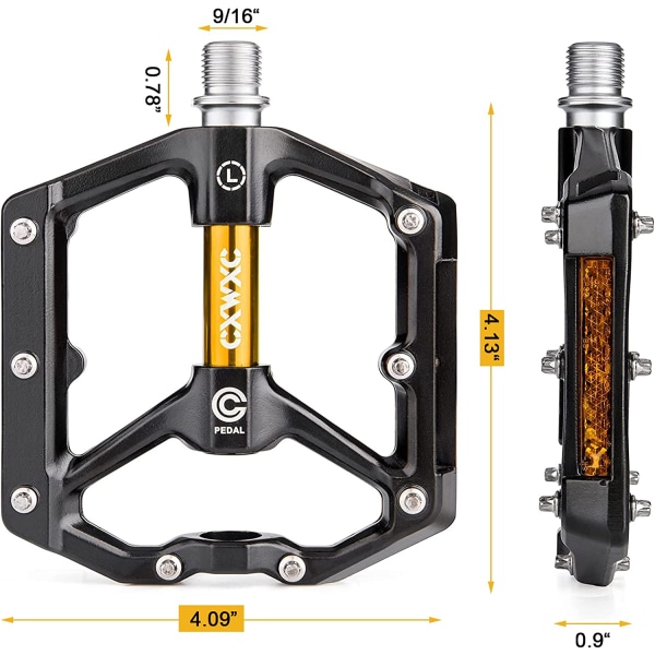 Cykepedaler med reflekser og 3 forseglede lag, aluminiumslegering, brede platformpedaler, cykel, 9/16 tommer, letvægt, skridsikker til mountainbike
