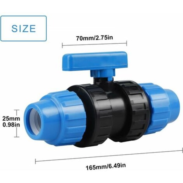 2 kpl PP Vesiputkiliitin, PE-putkipuristinliitin, 25 mm (sininen)