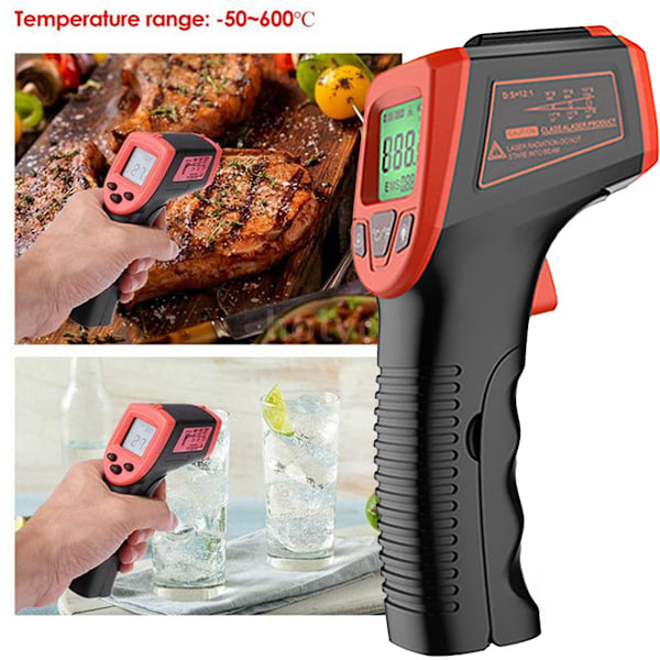 Infrapunalämpömittari, kosketukseton digitaalinen laserlämpötilapistooli -58 °F - 1112 °F (-50 °C - 600 °C) LCD-näytöllä, punainen