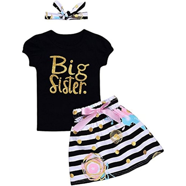 Babyflicka kläder Liten storasyster T-shirt Romper kjol pannband Outfit