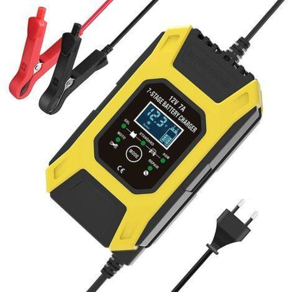 7A/12V Smart Batterioplader Bærbar Hurtig Motorcykeloplader med LCD-skærm Beskyttelse Reparationstilstand til Bil Motorcykel Auto Gul
