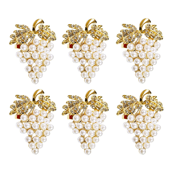 Set med 6 diamanter pärla druva servetring metall servett spänne för jul, helgdagar, bröllop, halloweenfest, middagar dekor