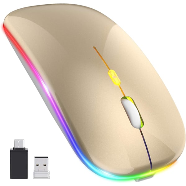 Uppdatering PC-mus trådlös, LED återuppladdningsbar tyst trådlös mus bärbar datormus, 2,4 G USB-möss med USB-mottagare Typ C-kompatibilitet med