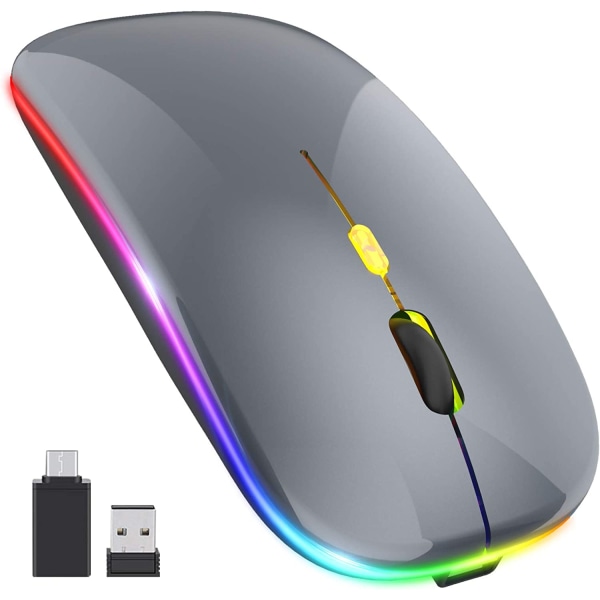Uppdatering PC-mus trådlös, LED återuppladdningsbar tyst trådlös mus bärbar datormus, 2,4 G USB-möss med USB-mottagare Typ C-kompatibilitet med