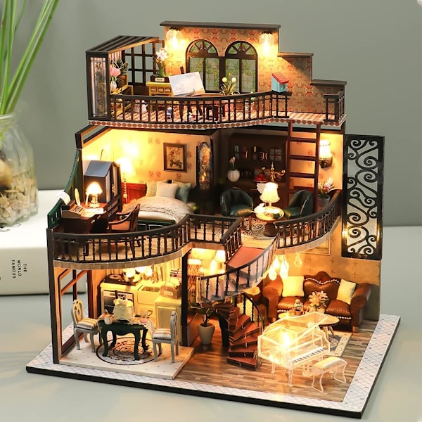 Dockhus Miniatyr med Möbler, Idé DIY Trädockhus Kit LED