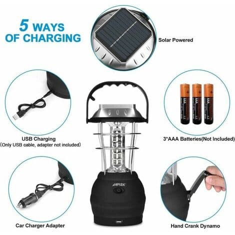 Solcellelykt, Ultrasterk LED-campinglykt, 2 justerbare lysmoduser, 5 lademetoder, med håndsveivdynamo, lang brenntid for camping