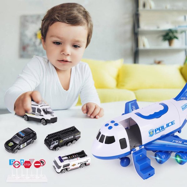 Polisflygplan Bil Leksak Set Flygplan Leksaker för Pojkar Flickor Barn, Blå