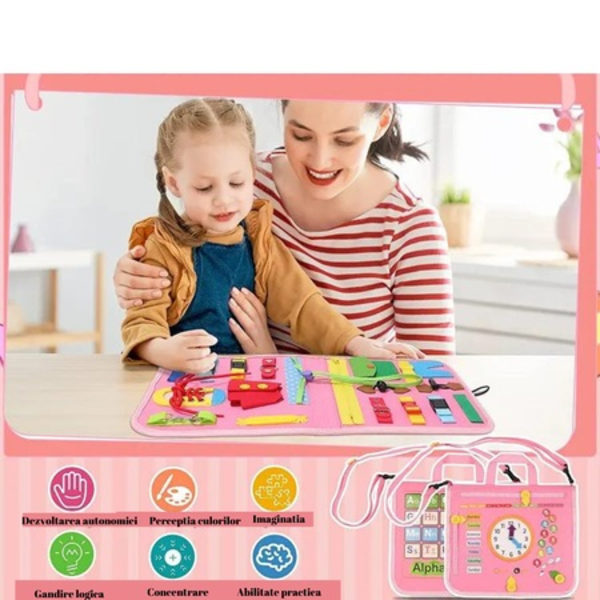 Sensorisk interaktiv leksak, Busy Board textil, Montessori, Väska typ bok, För resor, rosa