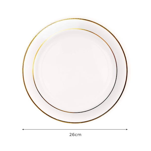 25 vita plasttallrikar med guldkanter för bröllop, dop, födelsedagar, jul & fester, 26cm - återanvändbara & stabila